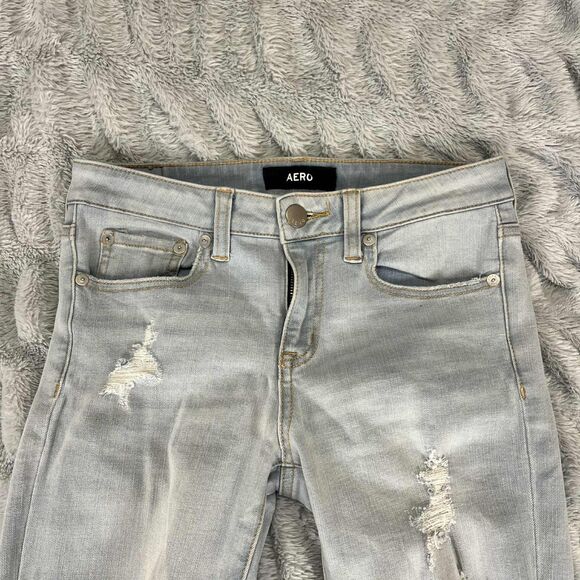 AERO Jeans Womens 6 Skinny Mid Rise Blue Distressed Stretch Denim Festival - Picture 3 of 9